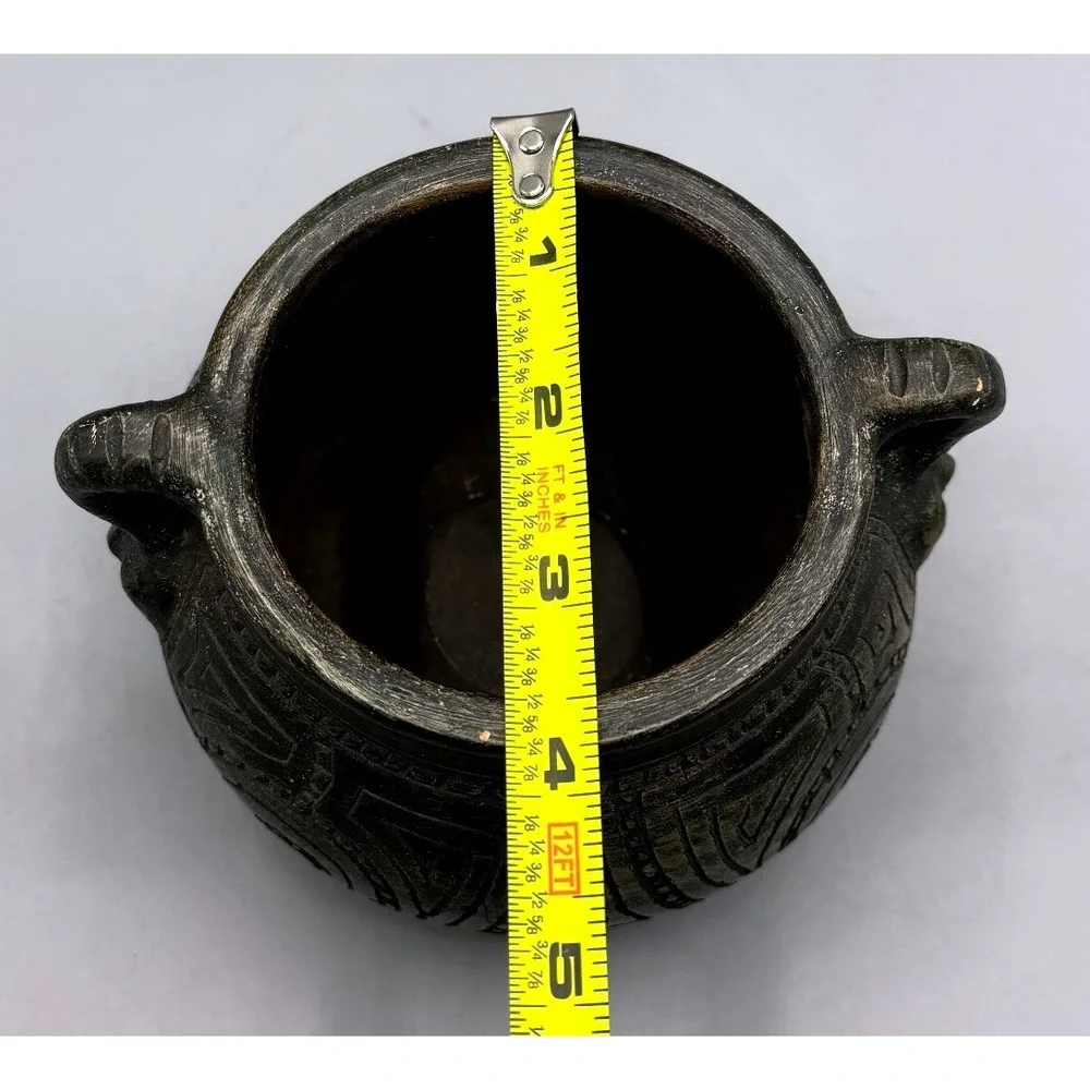 Primitive Hand Carved Pottery Vessel Incised Tribal Geometric Spiral w/Faces 5in